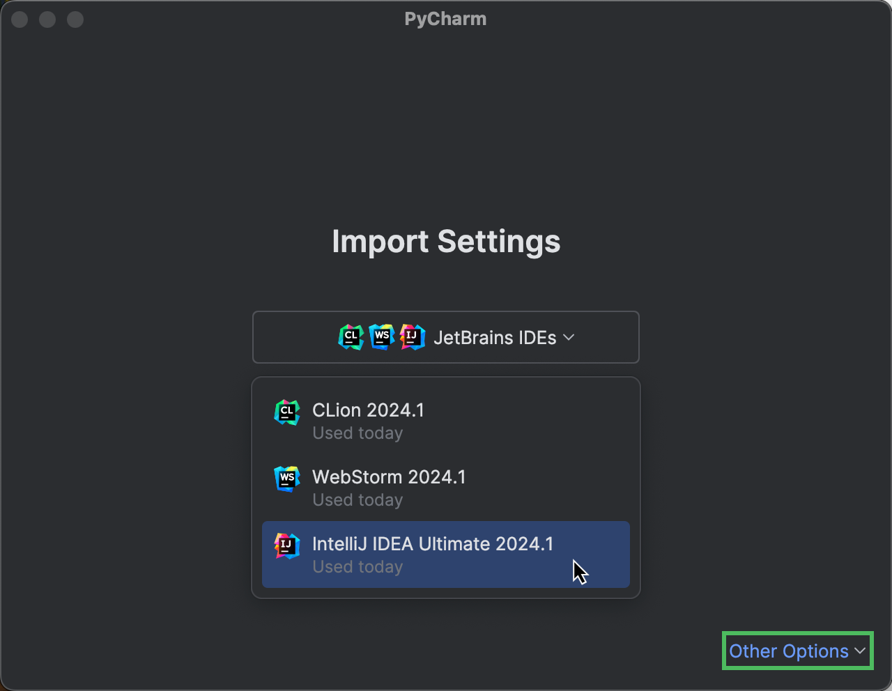 The Import Settings dialog with the opened drop-down list The Import Settings dialog with the opened drop-down list