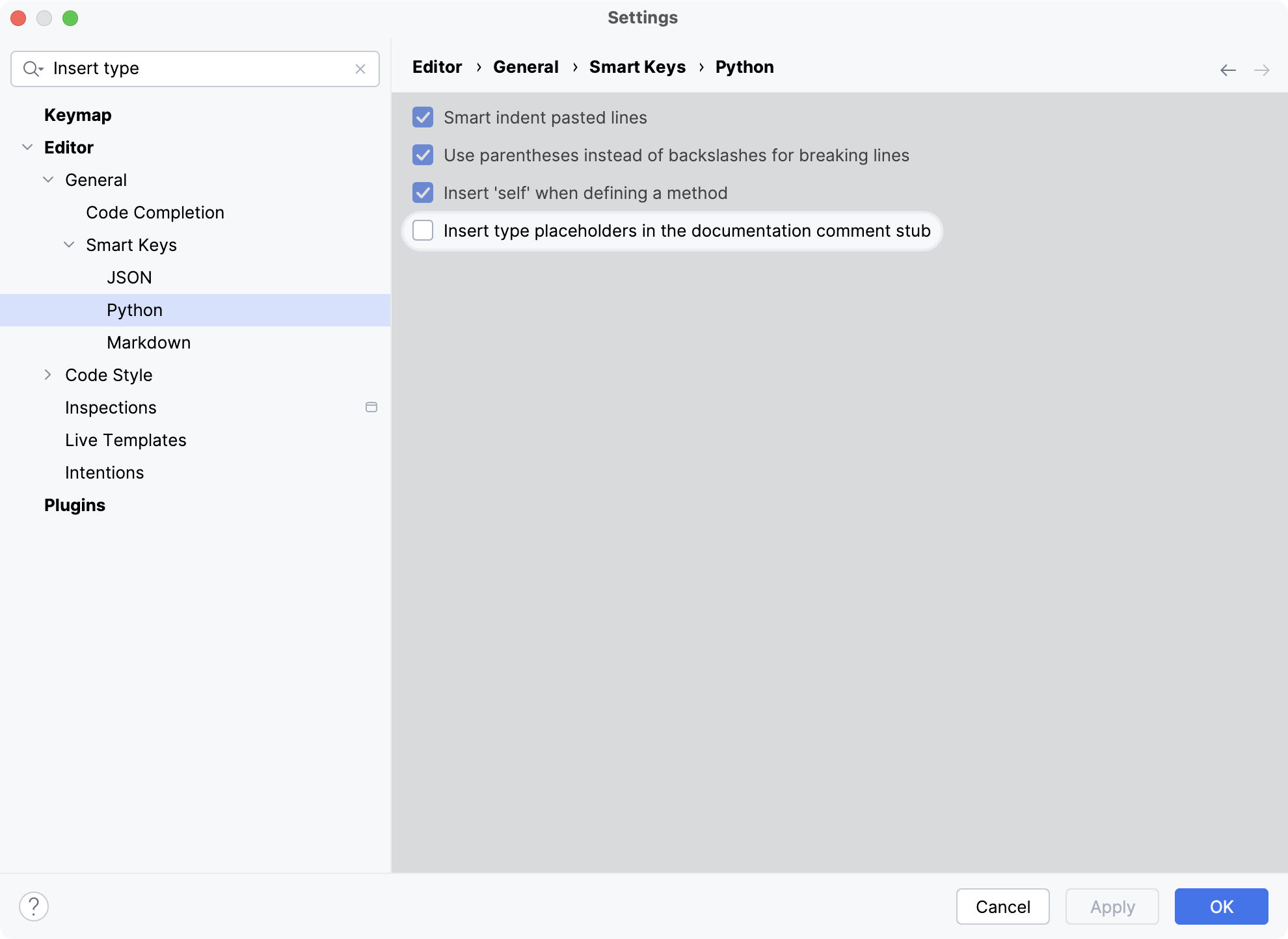 Insert type placeholder settings Insert type placeholder settings
