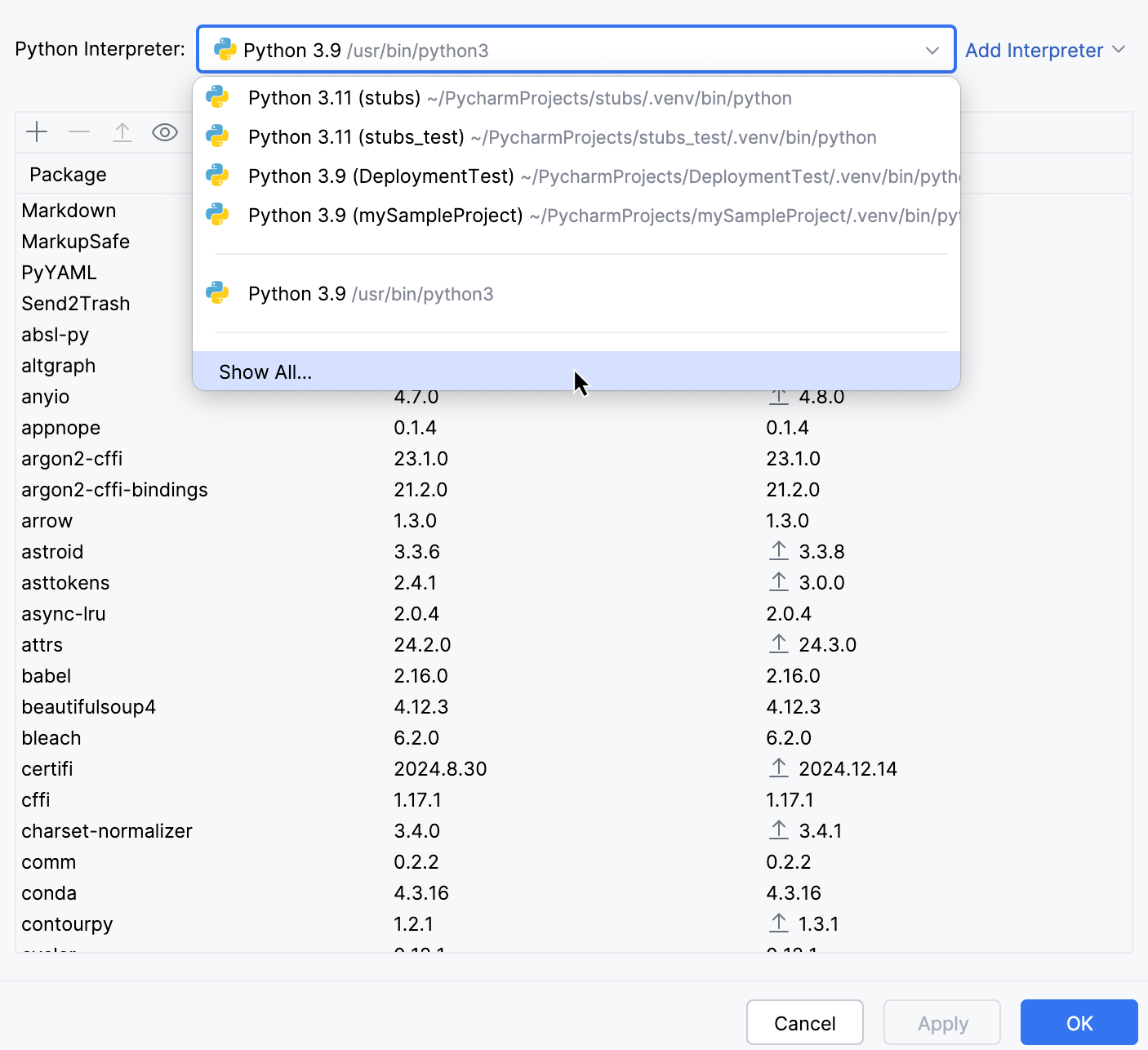 Show all available interpreters