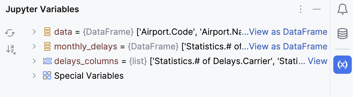 Jupyter “变量”工具窗口 Jupyter “变量”工具窗口