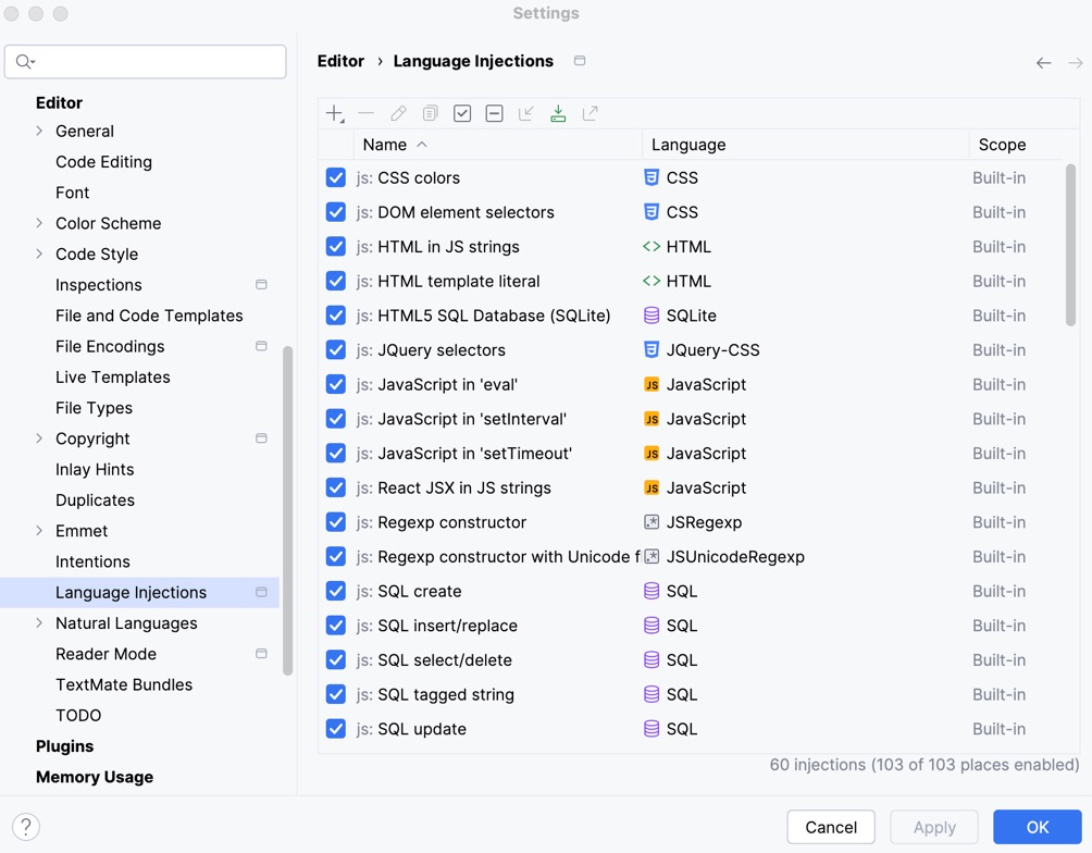 Language injection settings