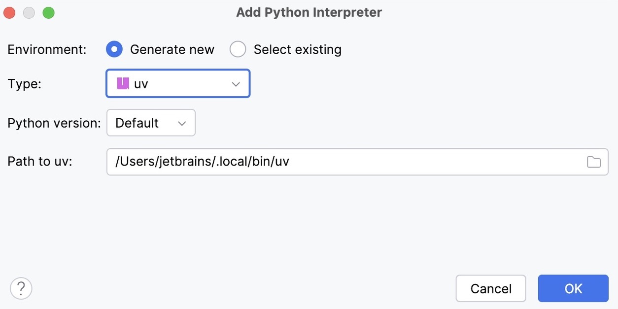 Generate new uv environment