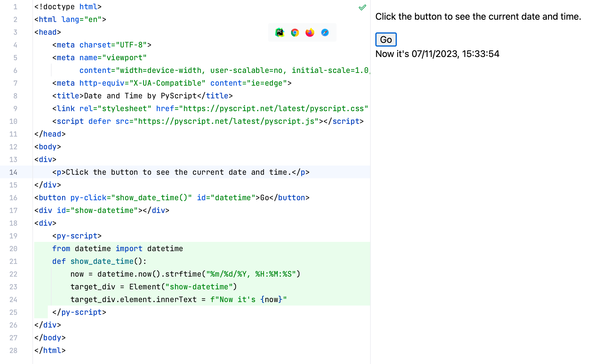 预览使用 PyScript 创建的 Python 代码的输出结果 预览使用 PyScript 创建的 Python 代码的输出结果
