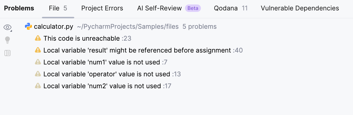 PyCharm:问题工具窗口。 当前文件选项卡 PyCharm:问题工具窗口。 当前文件选项卡