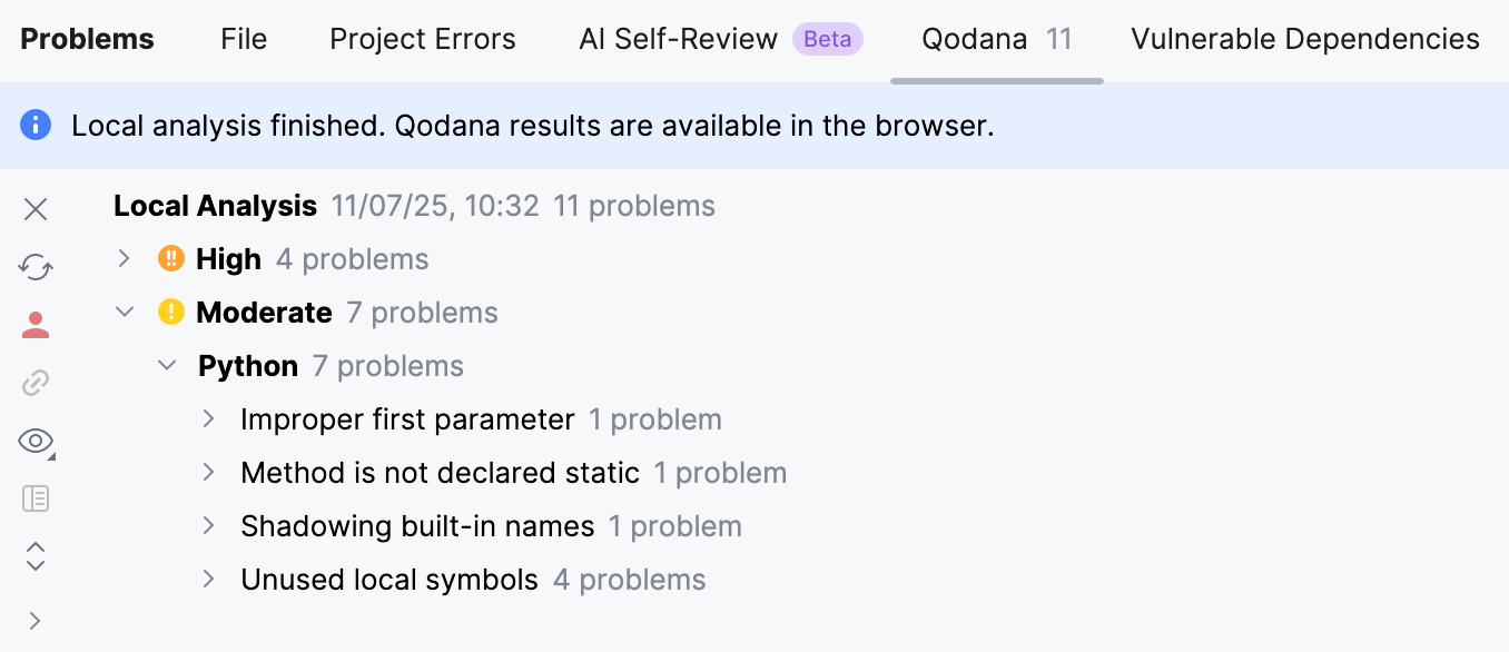 PyCharm:在问题工具窗口中的 Qodana 检查结果 PyCharm:在问题工具窗口中的 Qodana 检查结果