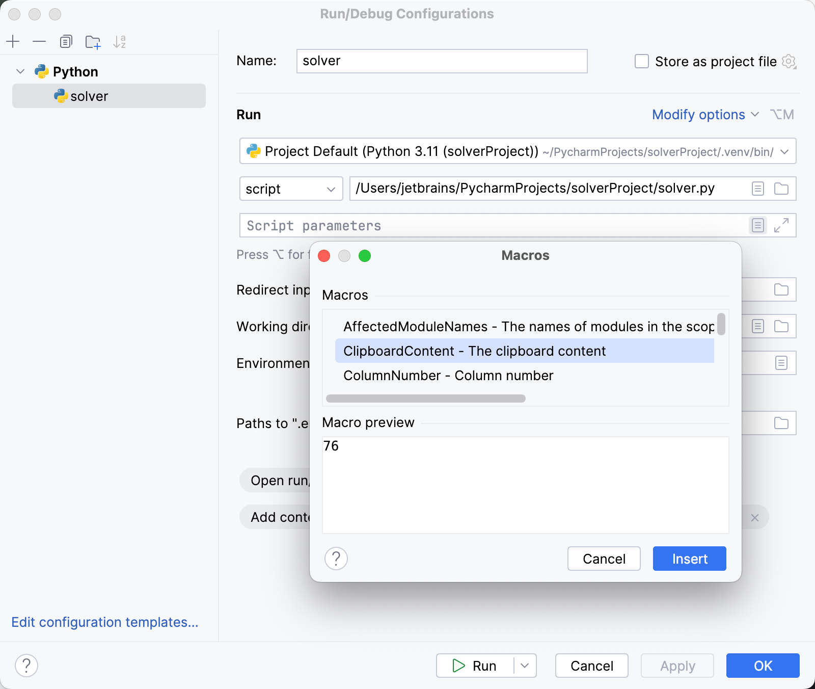 Adding macros to the Solver run/debug configuration Adding macros to the Solver run/debug configuration