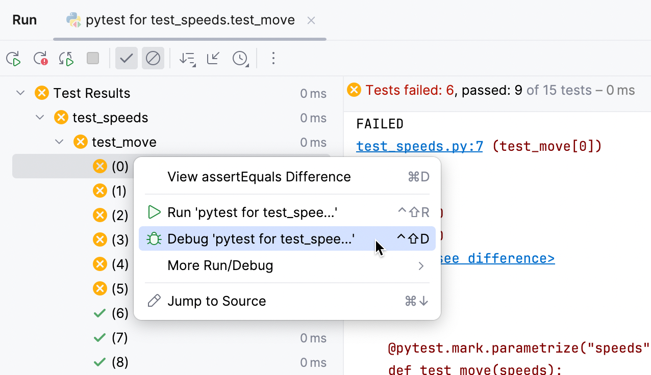 选择一个失败的测试进行调试 选择一个失败的测试进行调试