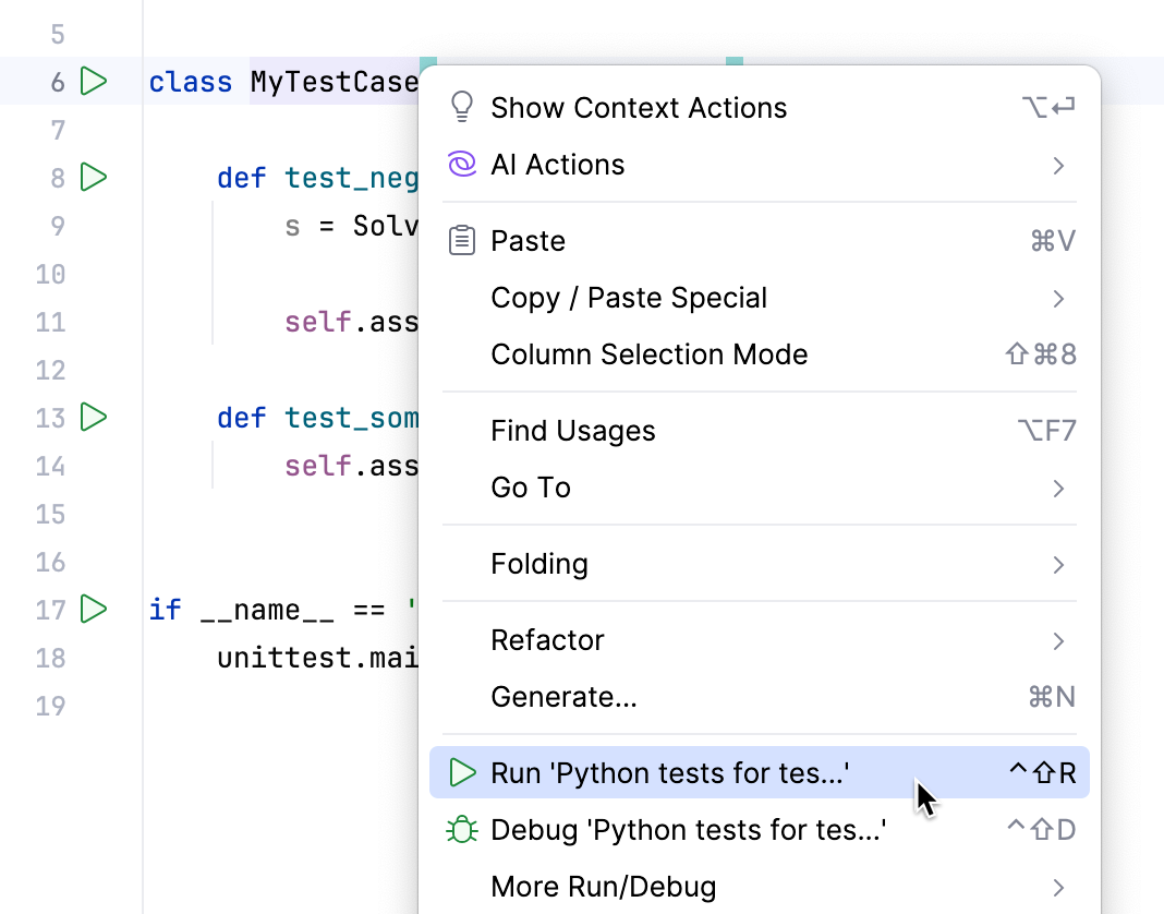 Running a test from the context menu Running a test from the context menu