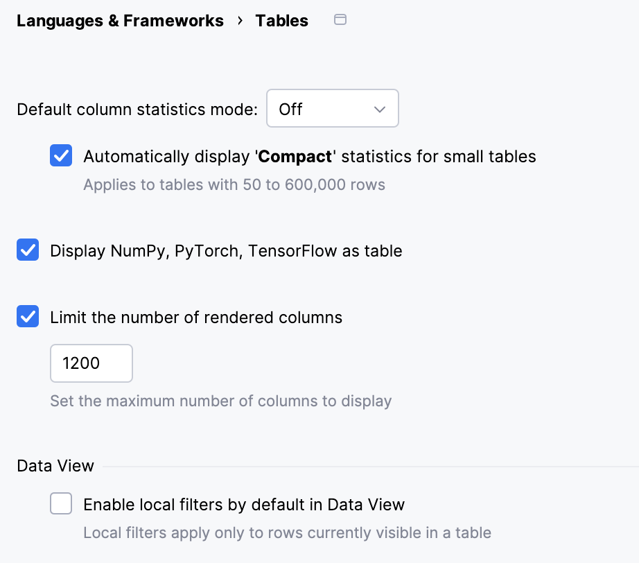 Tables settings Tables settings