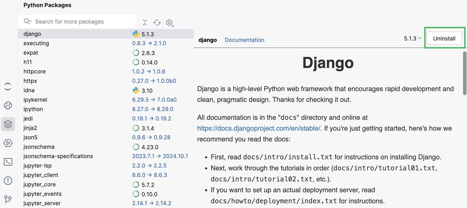 在 Python Packages 工具窗口中卸载软件包 在 Python Packages 工具窗口中卸载软件包