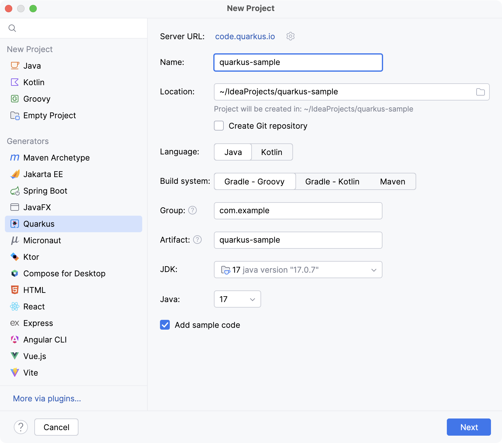 全新 Quarkus 项目向导