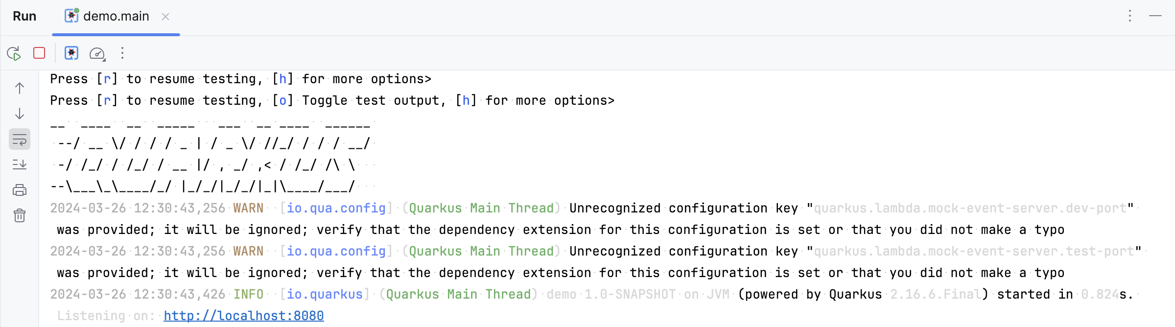 Quarkus 应用程序在运行工具窗口中运行