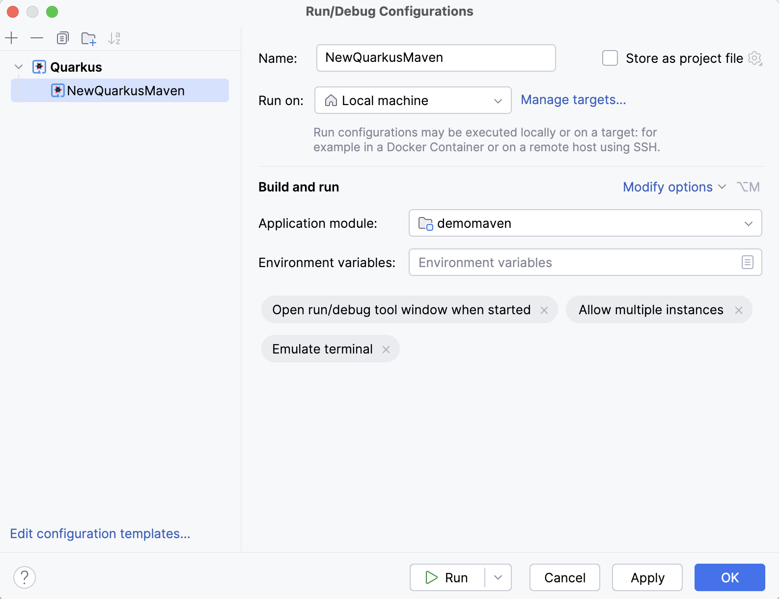 Quarkus run configuration Quarkus run configuration