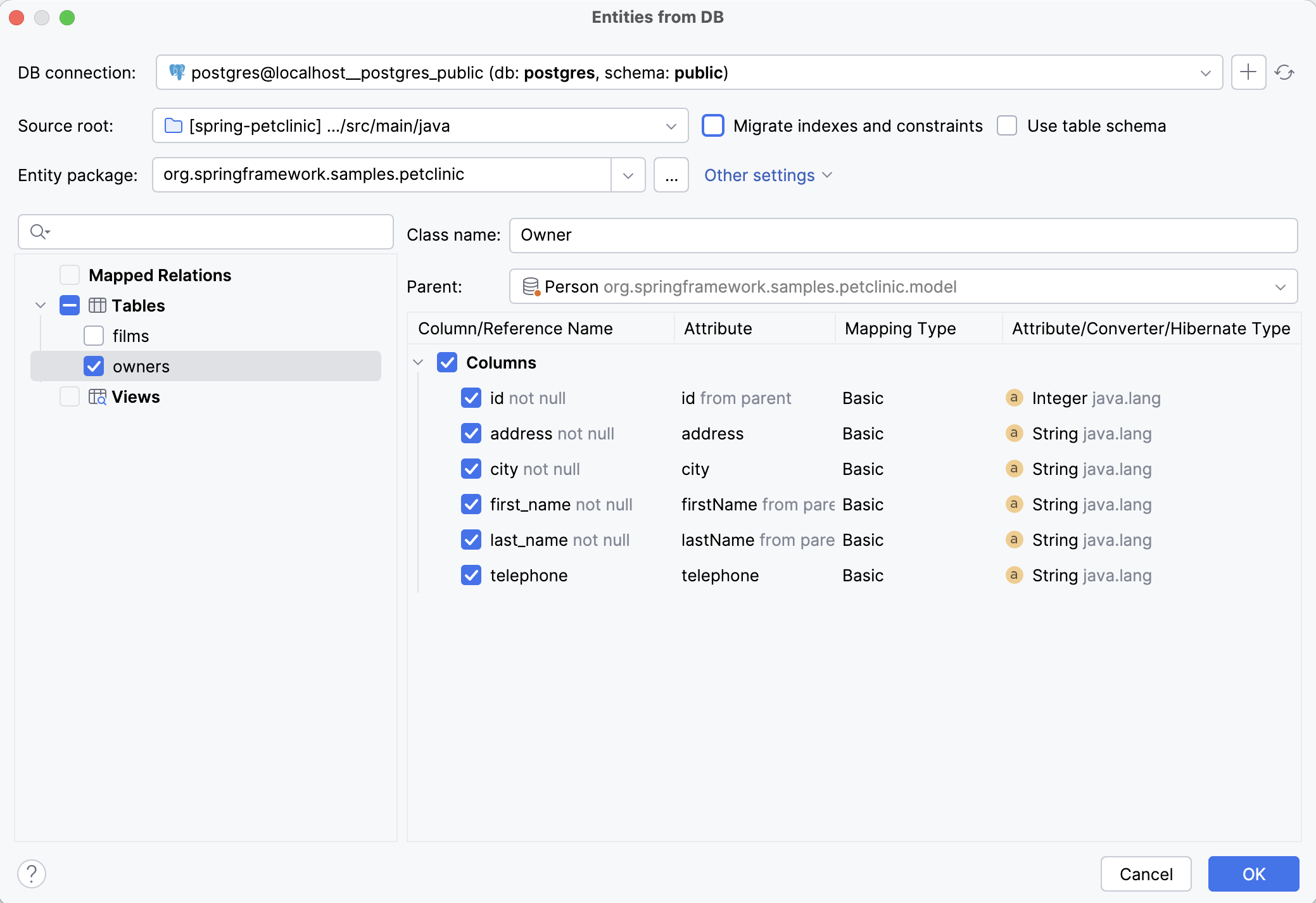 Entities from DB window Entities from DB window