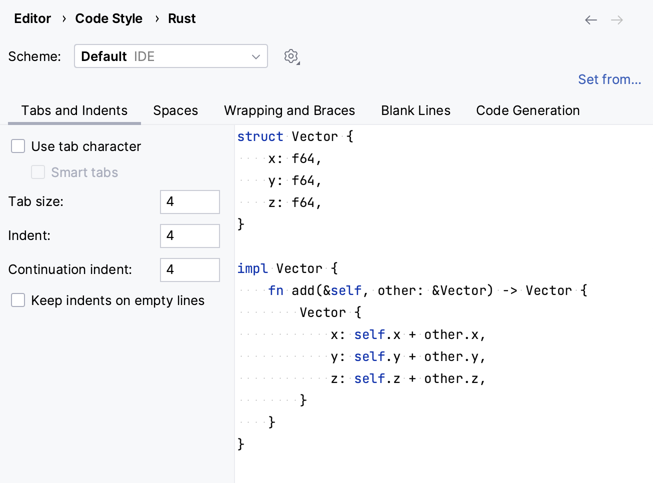 Code style settings for Rust Code style settings for Rust