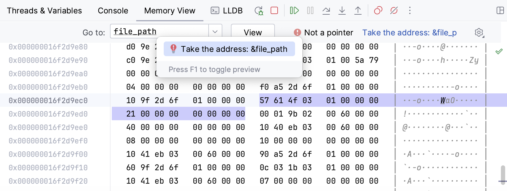 Goto in memory view Goto in memory view