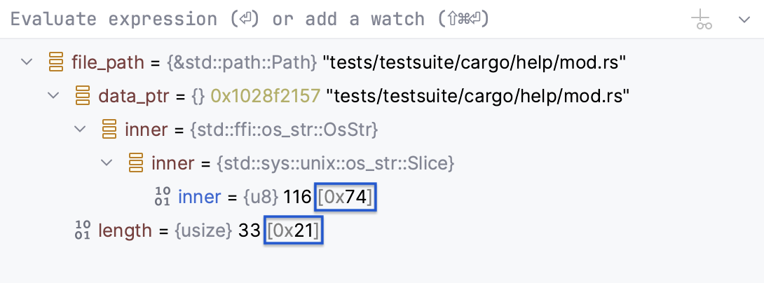 Hexadecimal representation in the Variables pane Hexadecimal representation in the Variables pane