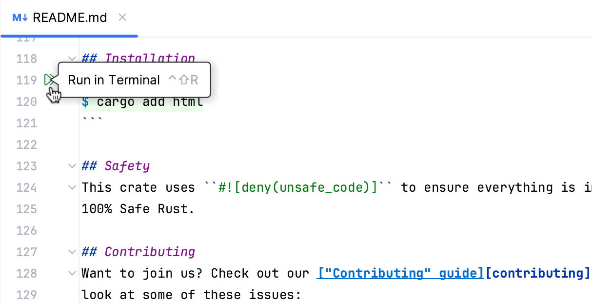 在 Markdown 文件中检测到用于运行命令的装订区域图标 在 Markdown 文件中检测到用于运行命令的装订区域图标