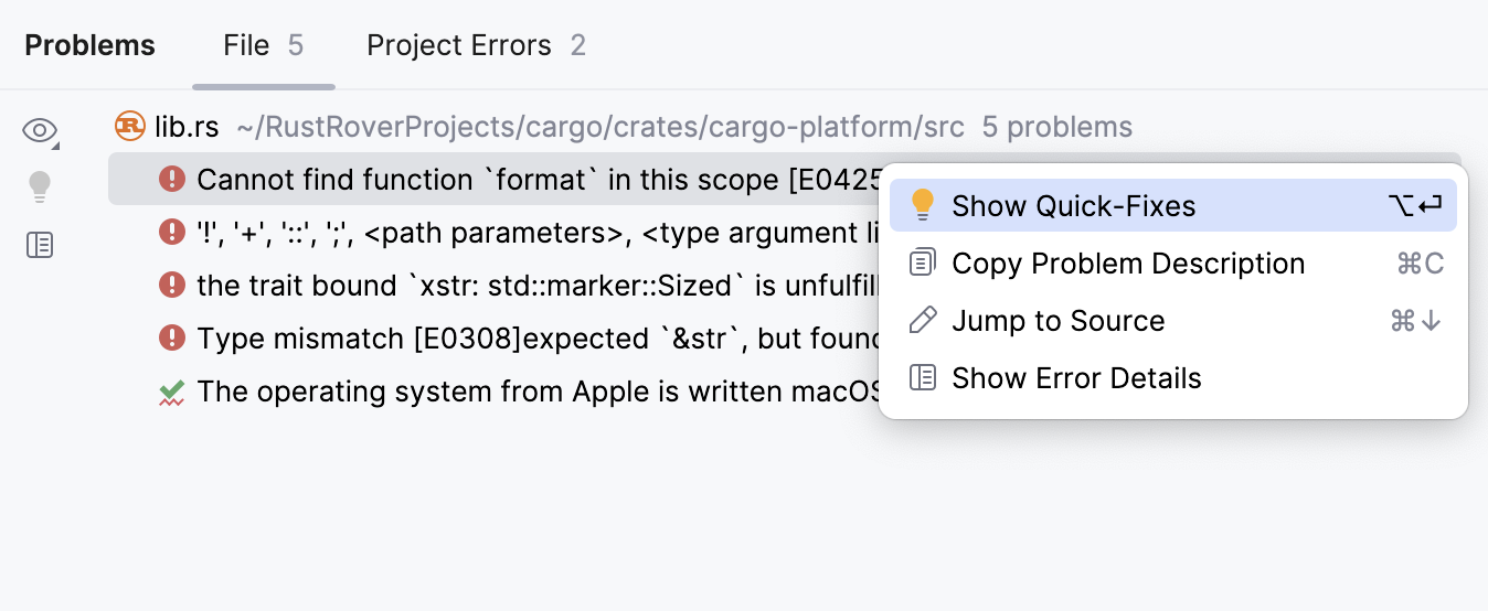 问题工具窗口中的文件选项卡