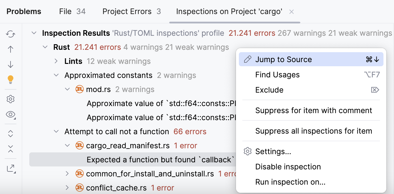 问题工具窗口中的检查选项卡