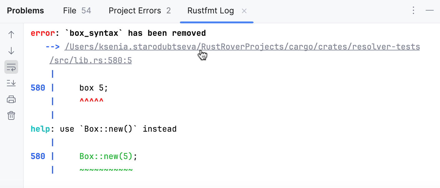 问题工具窗口中的 Rustfmt 日志选项卡