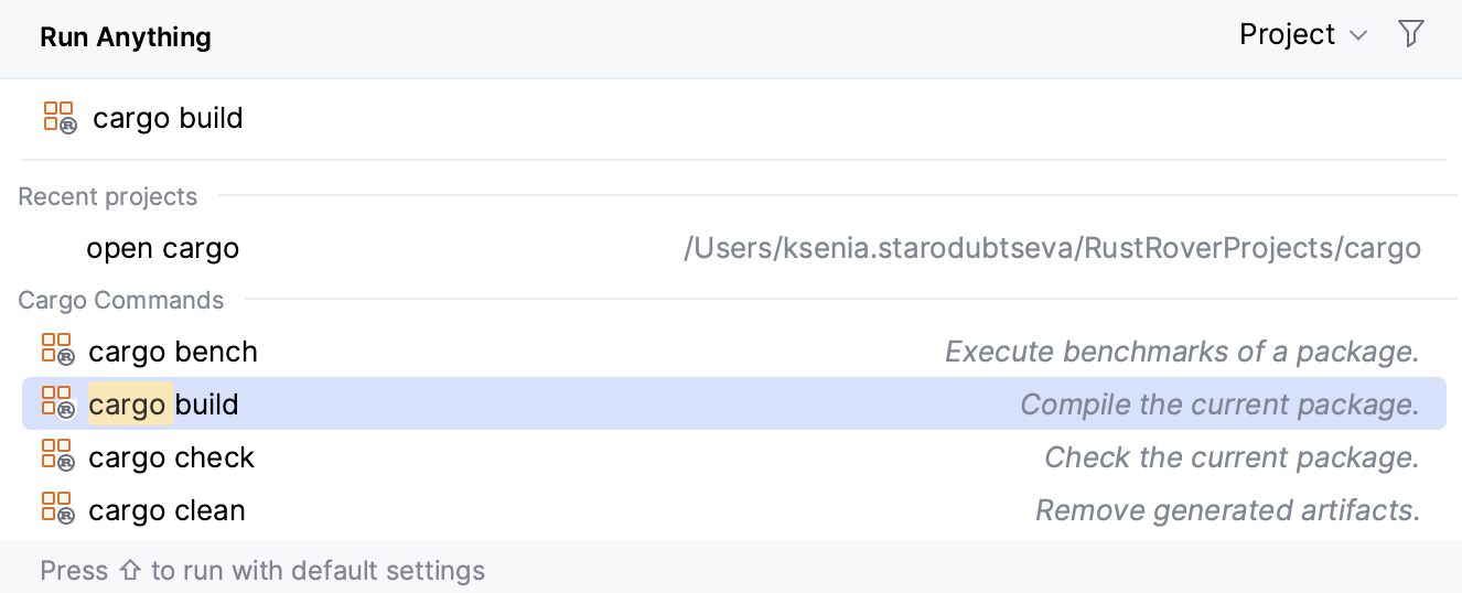 在“运行任意项”对话框中运行 cargo build 命令 在“运行任意项”对话框中运行 cargo build 命令