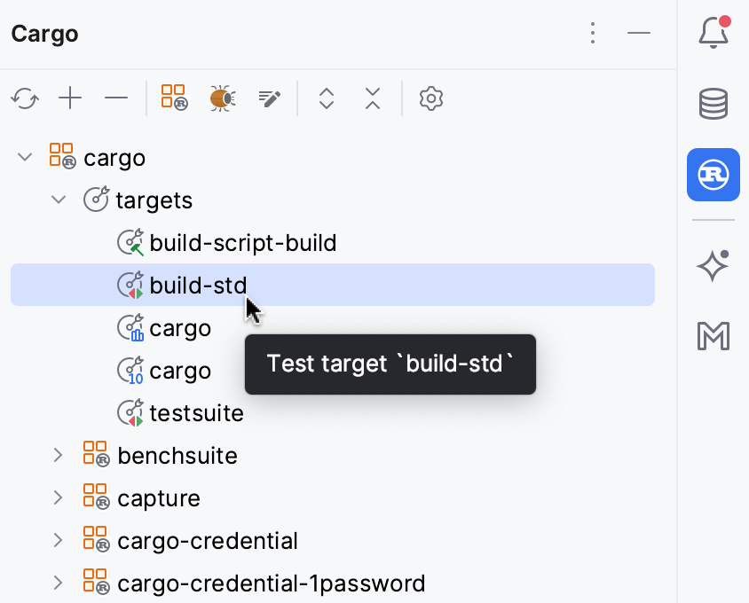 Running a test target from the Cargo tool window Running a test target from the Cargo tool window