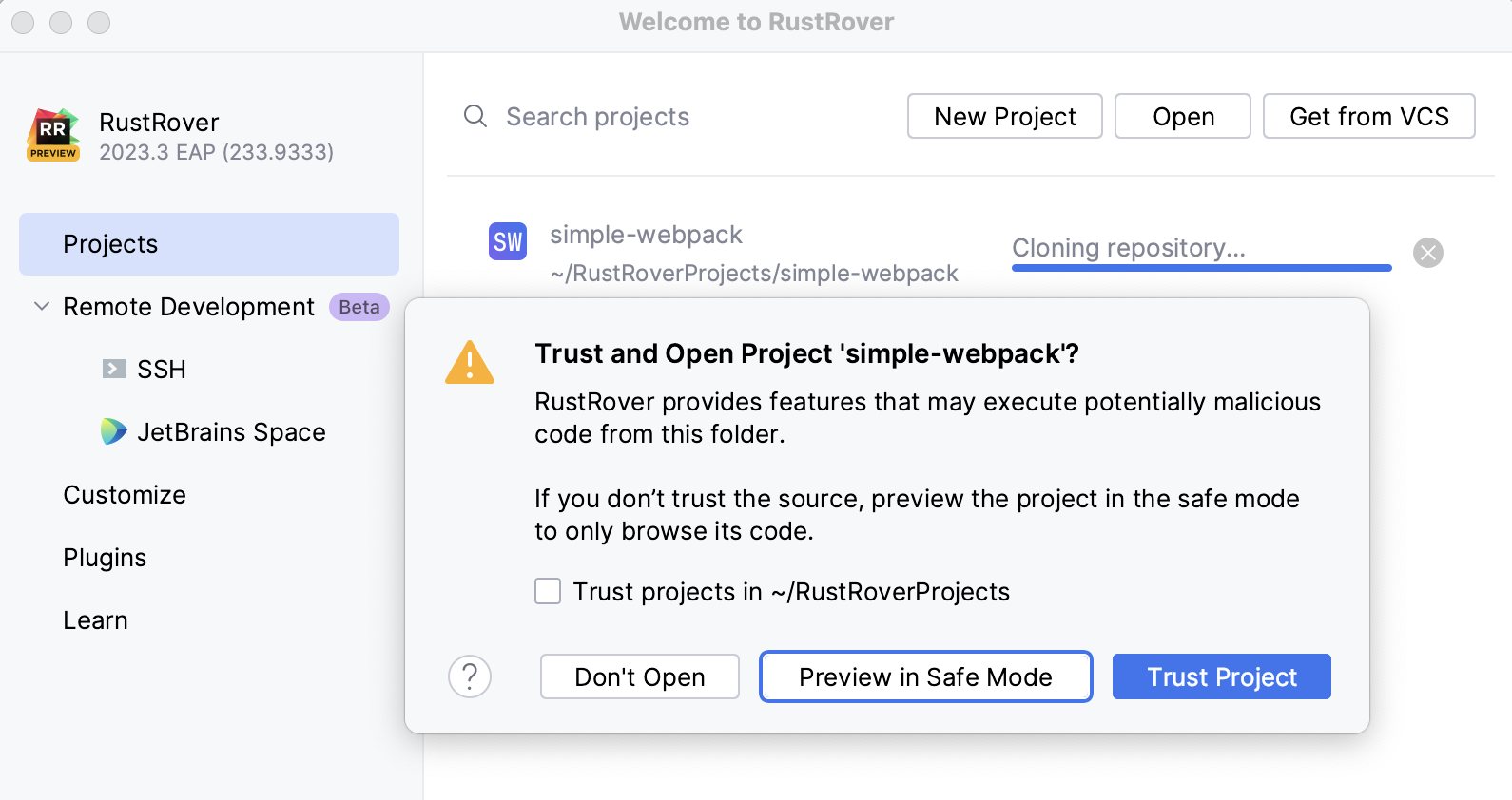不受信任的项目警告