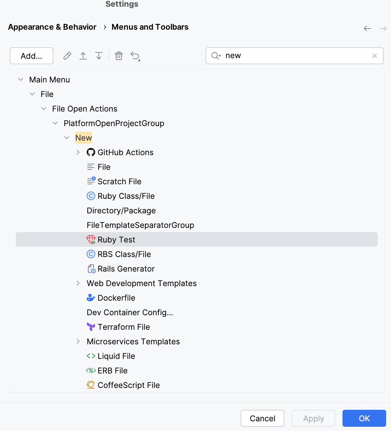 Customizing the New File or Directory menu
