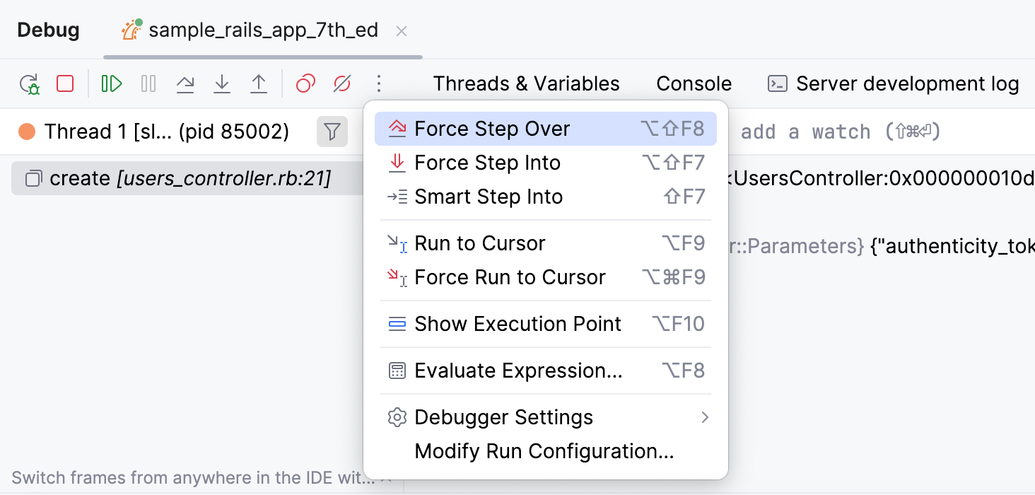 Stepping buttons in the Debug tool window Stepping buttons in the Debug tool window