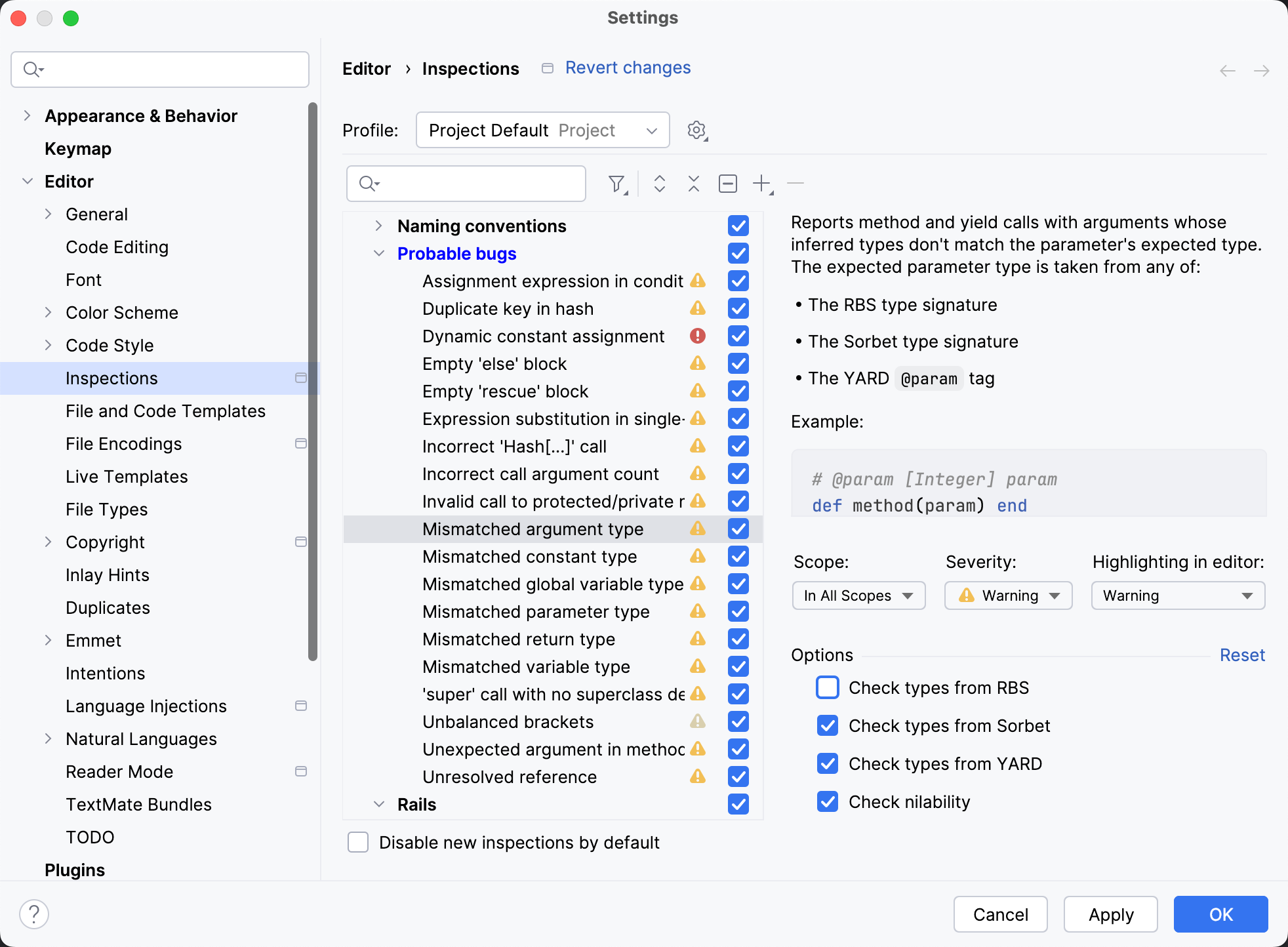 Disable certain providers of probable bug inspections Disable certain providers of probable bug inspections