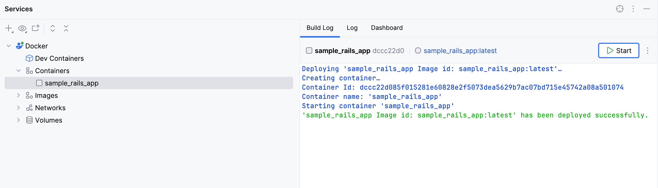 The Build Log tab of a container selected in the Services tool window