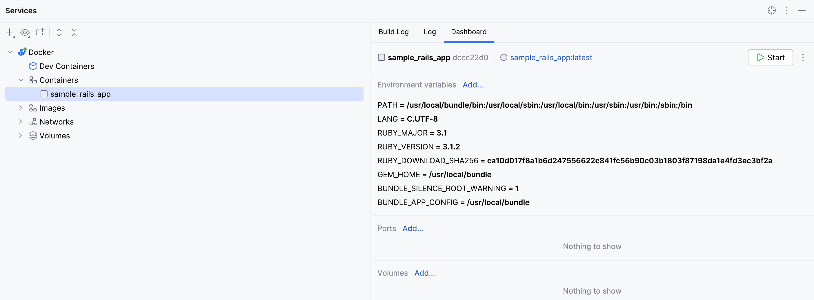 The Dashboard tab of a container selected in the Services tool window
