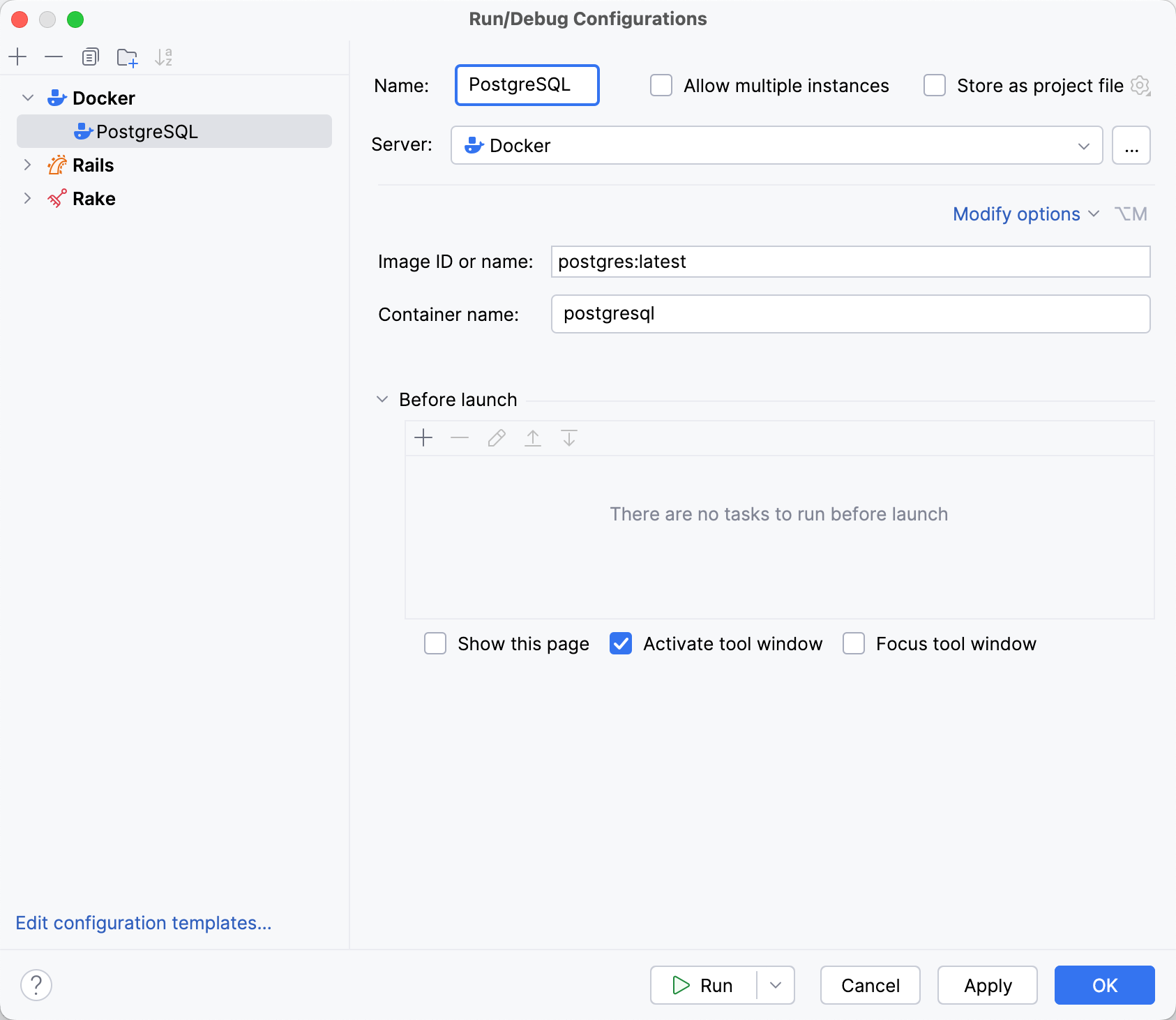 Docker Image run configuration dialog