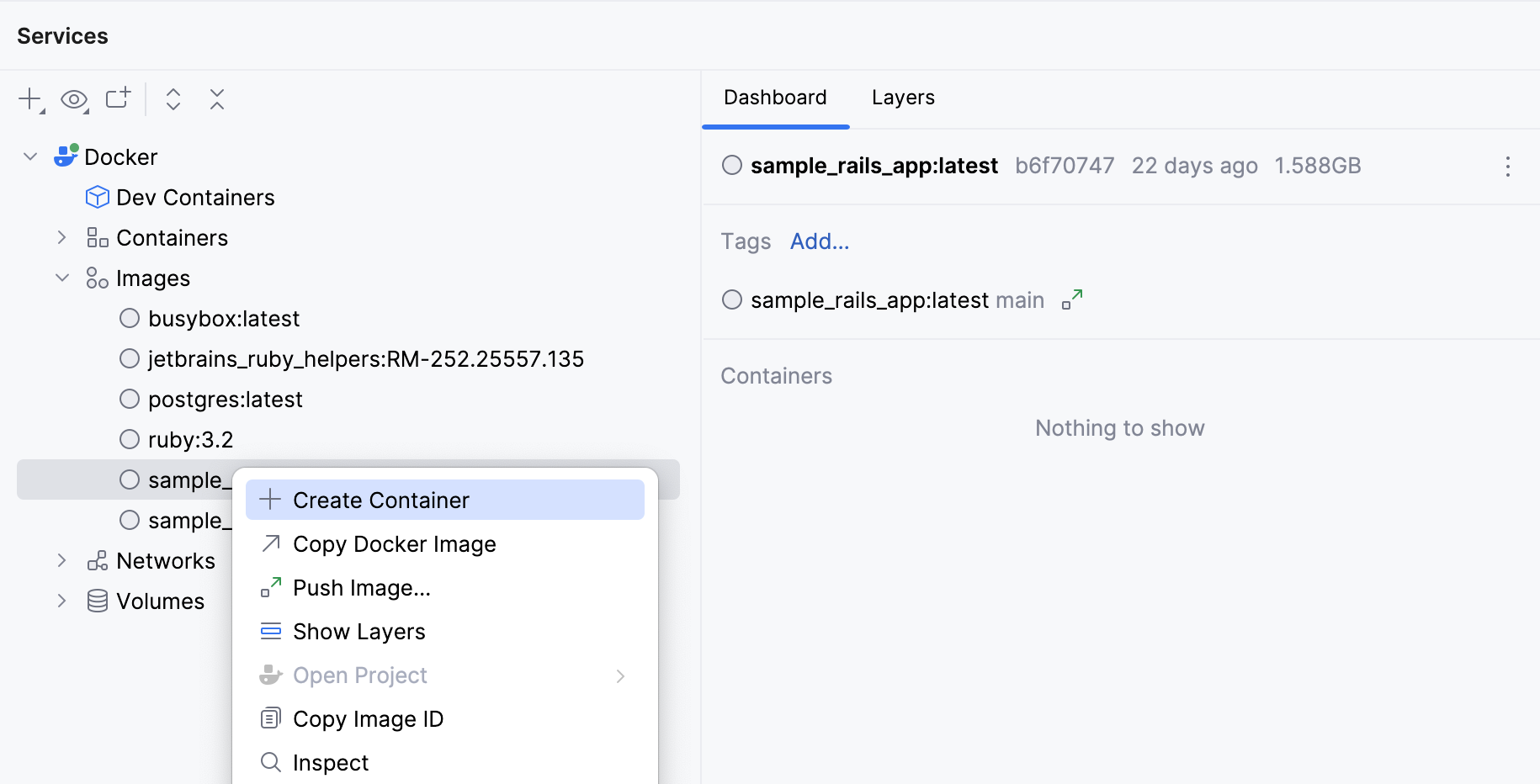 The Create container context menu item