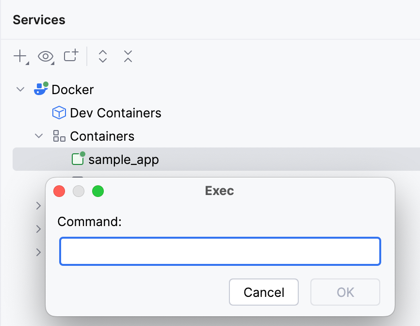 The Exec tab with /bin/bash running