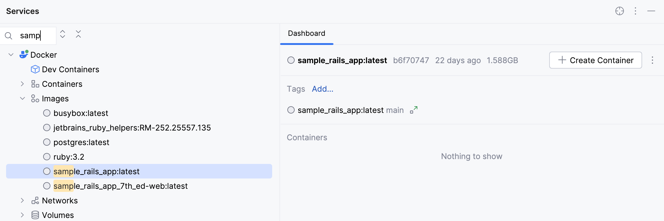 Search for a docker image in the Services tool window