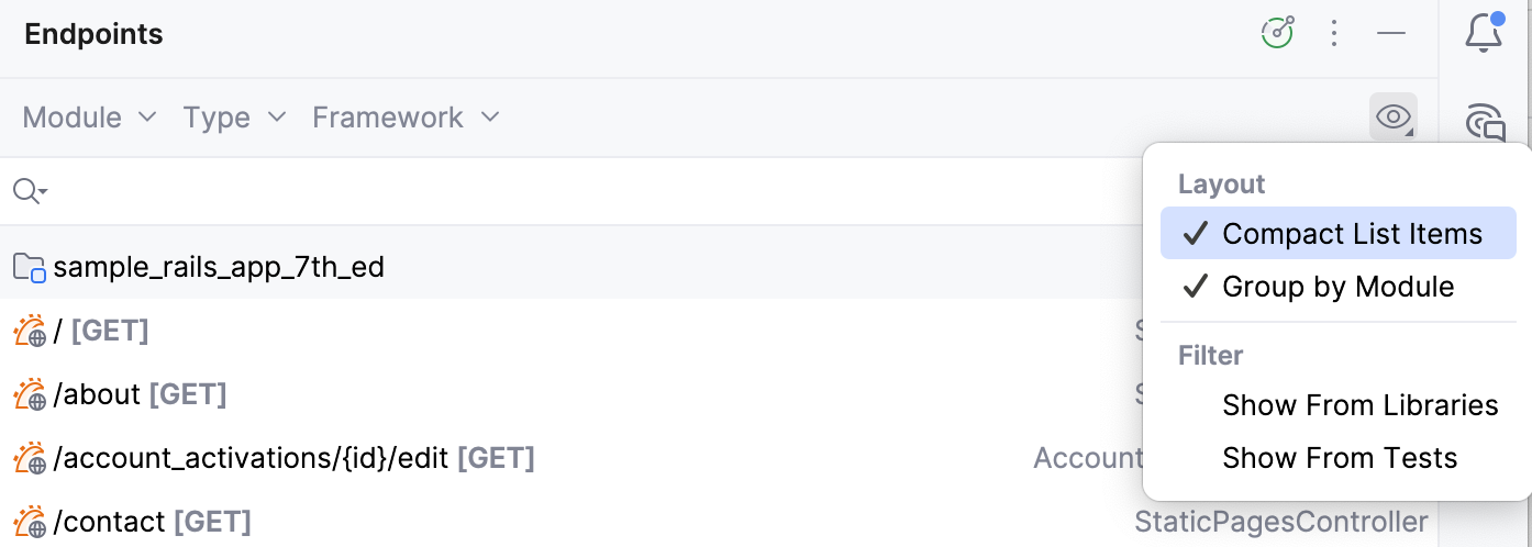 Endpoints 工具窗口的选项 Endpoints 工具窗口的选项