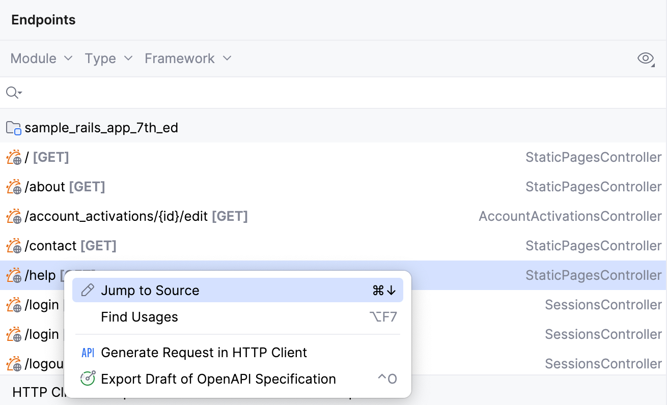 从 Endpoints 工具窗口跳转到源代码 从 Endpoints 工具窗口跳转到源代码