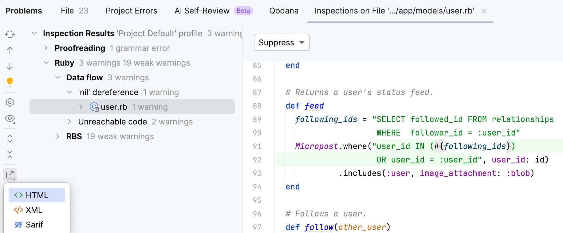 The Export button in the Inspection Results tool window