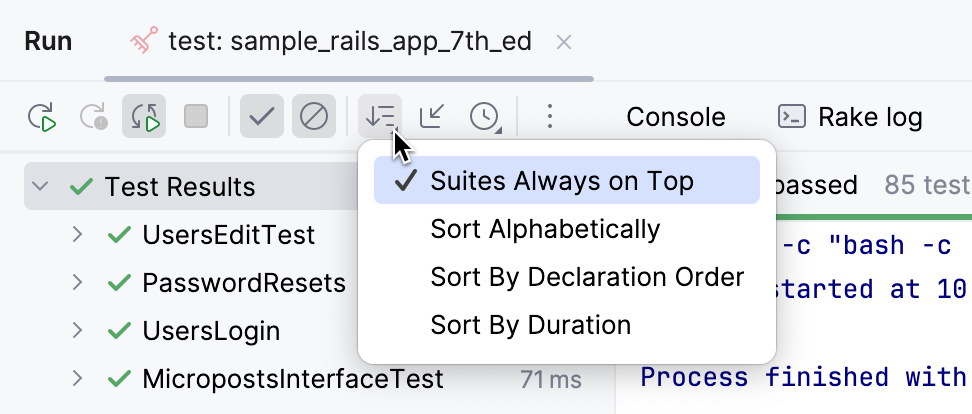 Filter test results options in the tests results toolbar