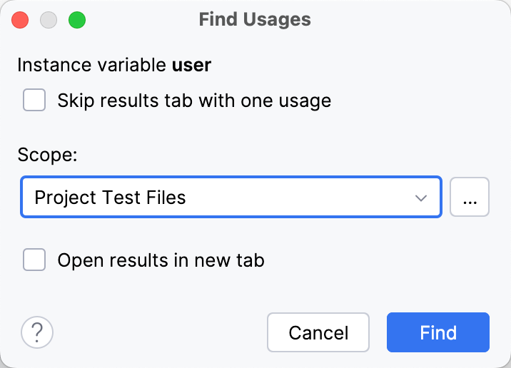 Find Usages dialog (Change Scope)