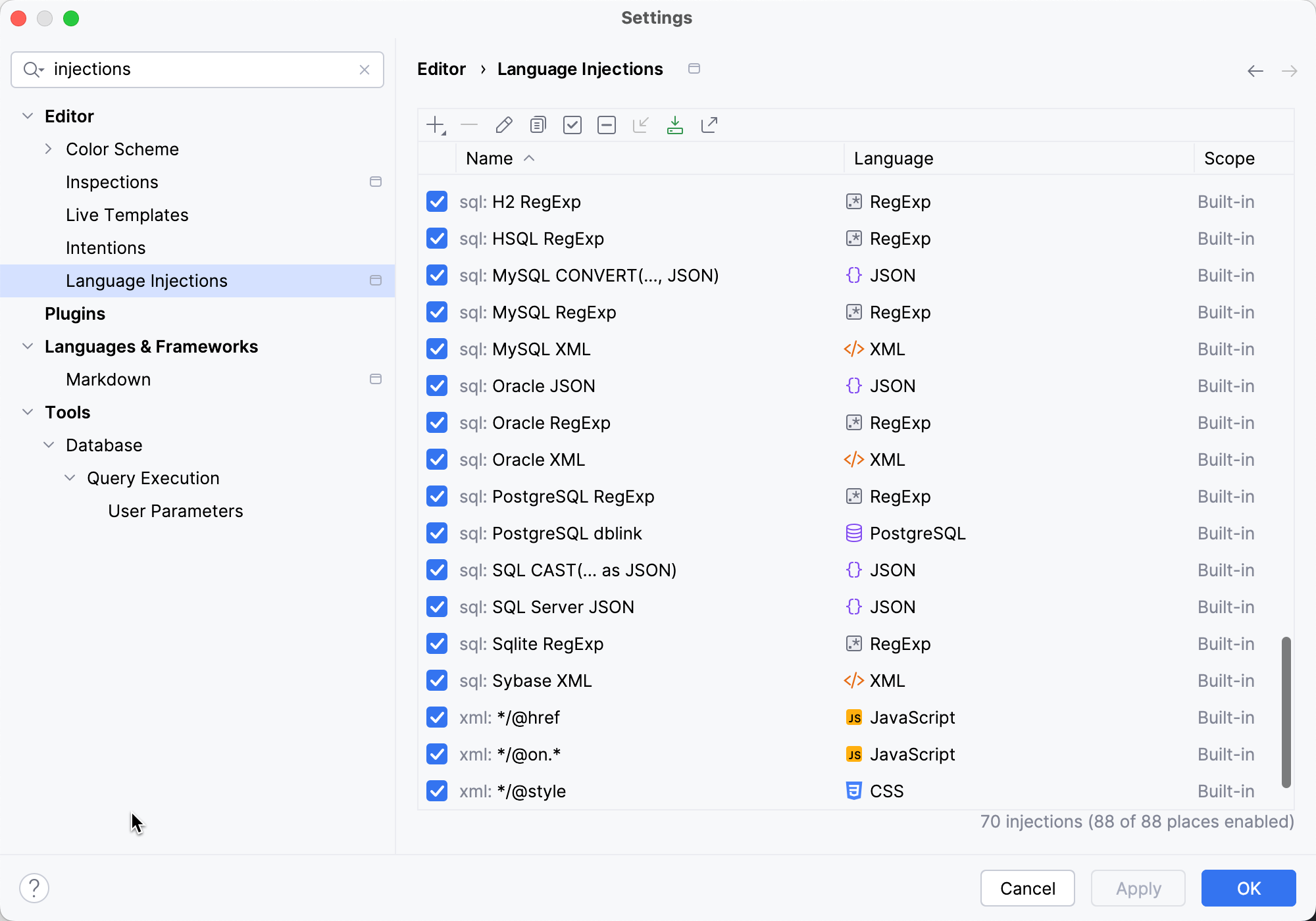 Language injection settings Language injection settings