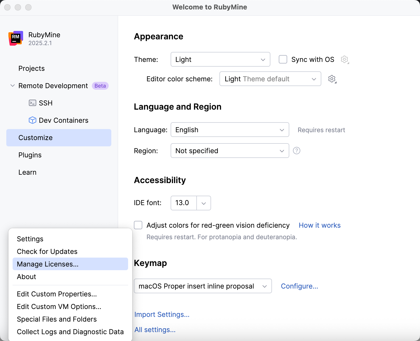 RubyMine: Licenses dialog