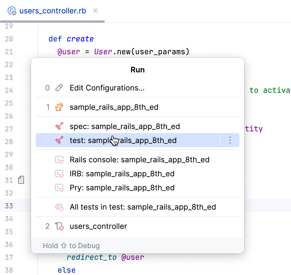 Run configuration popup selector