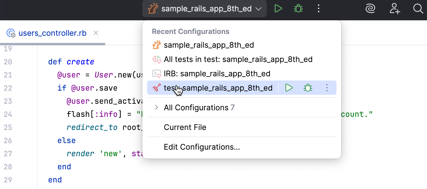 Selecting and running a configuration from the toolbar Selecting and running a configuration from the toolbar