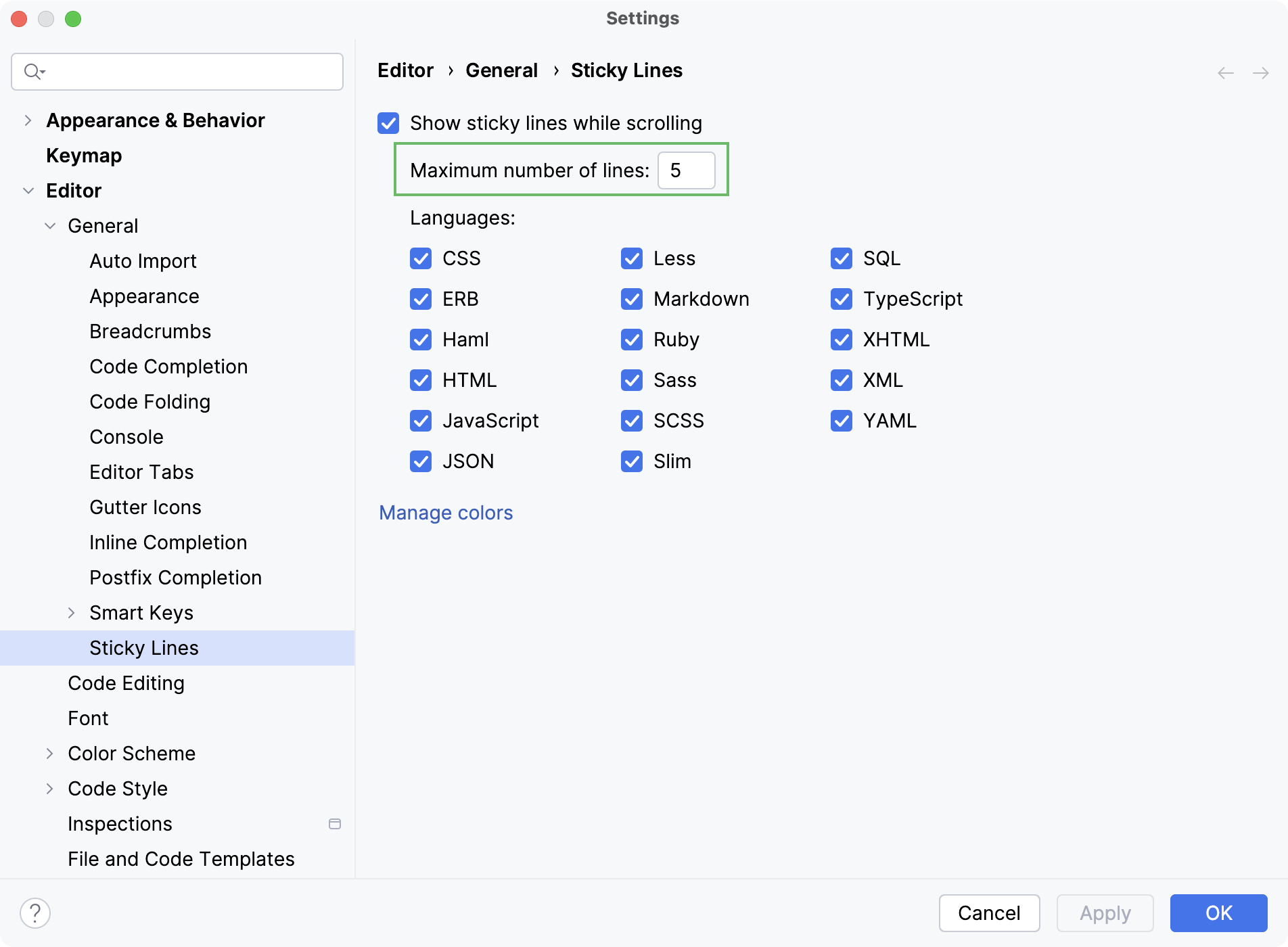 Configure the number of sticky lines Configure the number of sticky lines