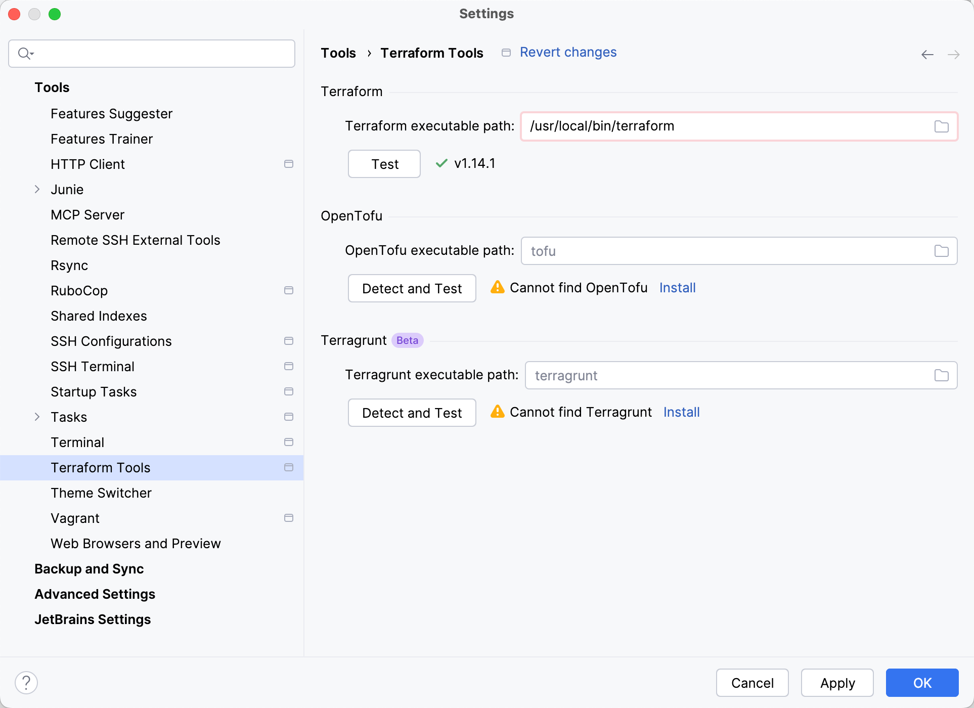 Terraform Tools settings
