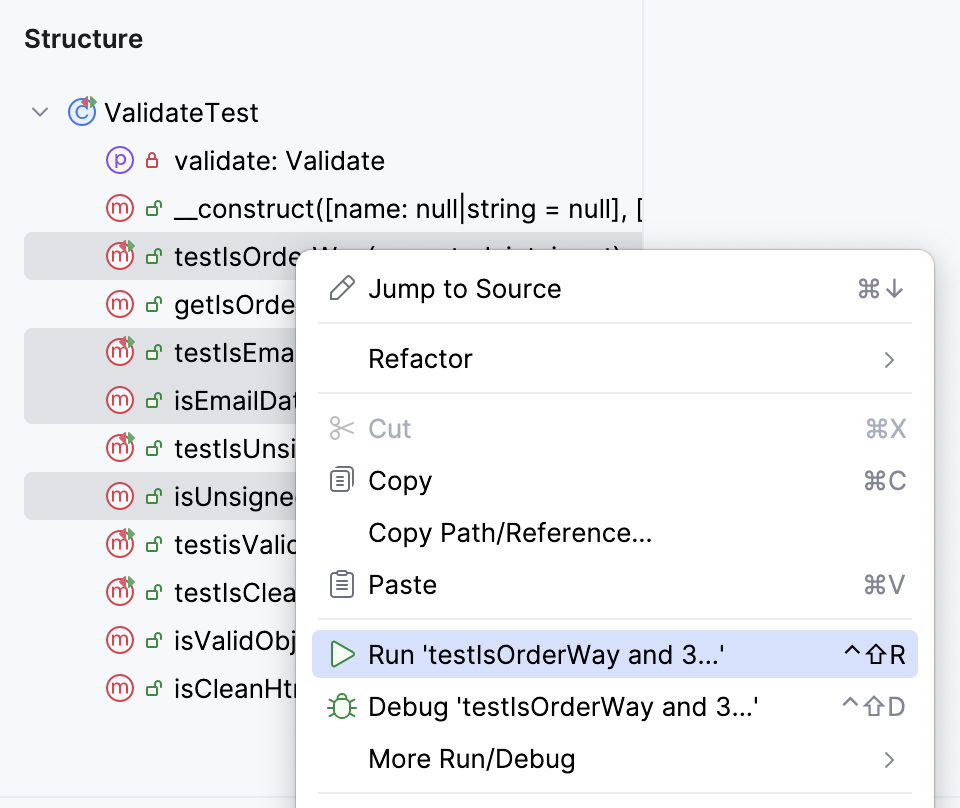 Run tests from the Structure tool window Run tests from the Structure tool window