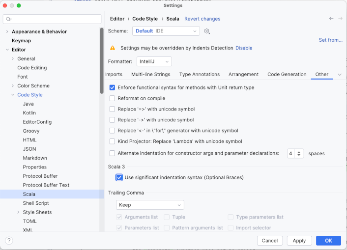 Scala 3 Significant
Indentation checkbox in Settings Scala 3 Significant
Indentation checkbox in Settings